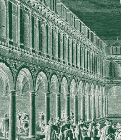 Detail of the same 1609 engraving: the arcaded gallery of the exchange, with merchants gathered beneath it.