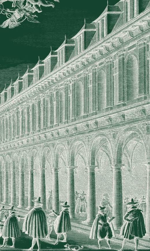 Detail of the same 1609 engraving: the eastern gallery of the exchange, its arcade running the length of the courtyard.