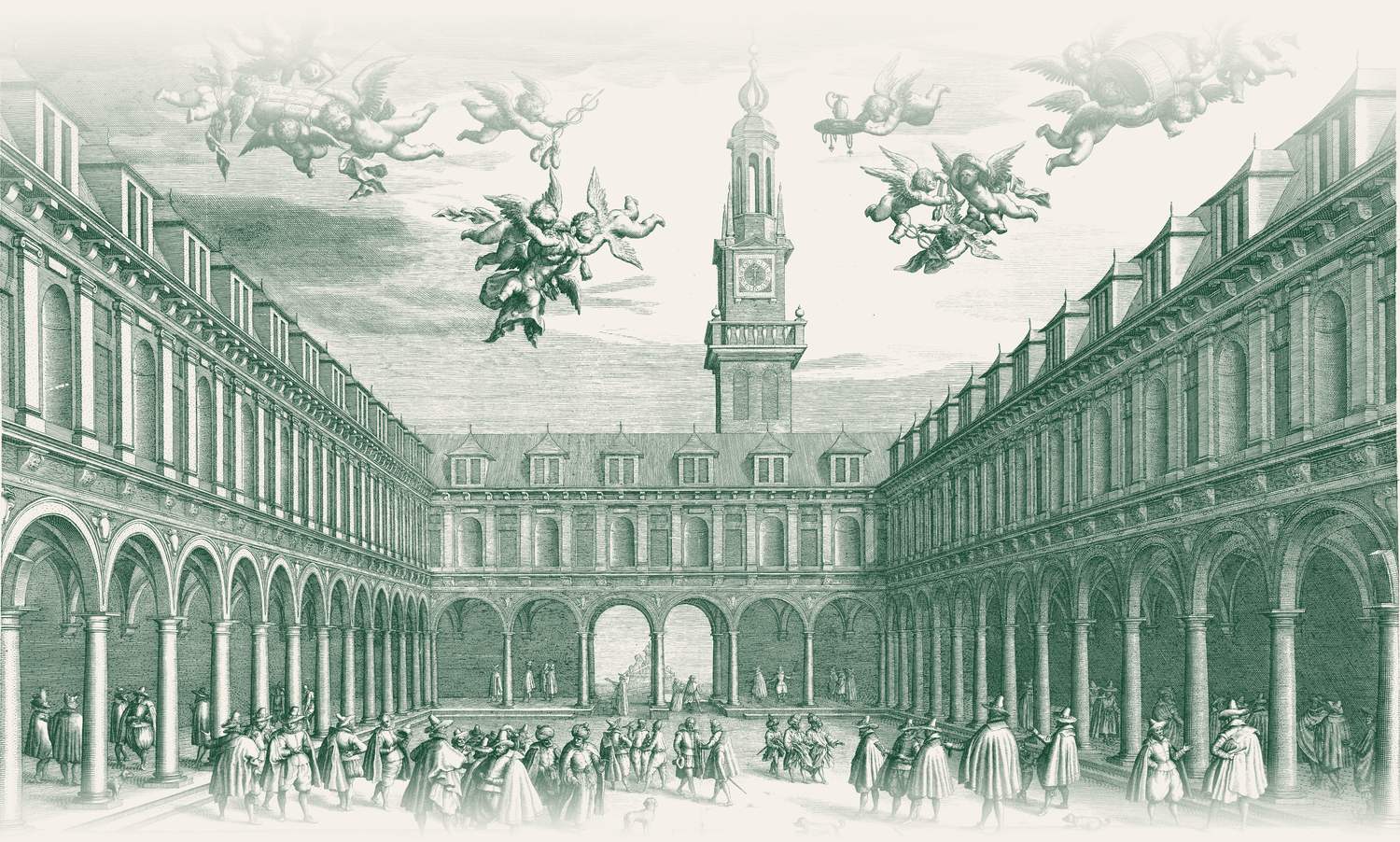 A 1609 engraving of the courtyard of the Amsterdam bourse, the first stock exchange, with merchants trading beneath its arcades.